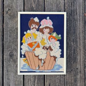 Vintage Framed Needlepoint Family Dog Cat Bubble Bath Wall Hanging Decor